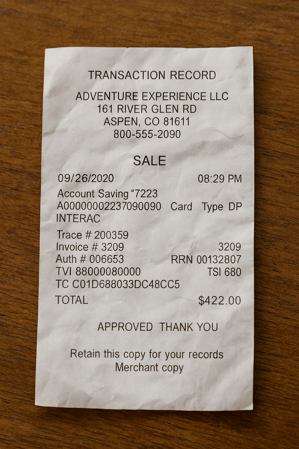 Entertainment Receipt