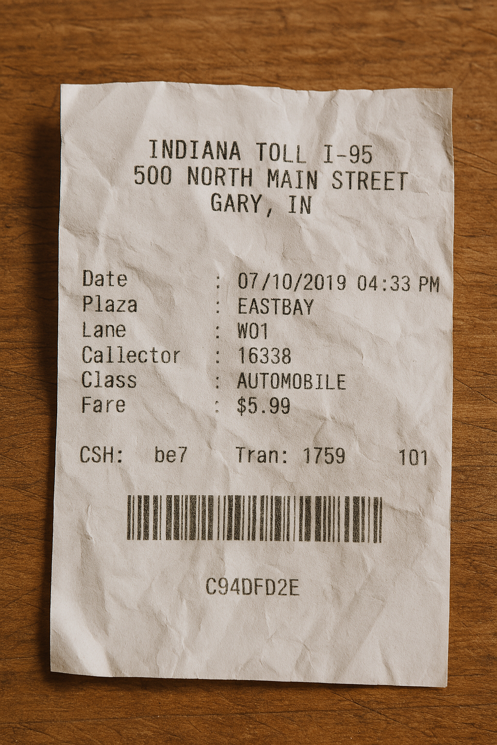 Toll Station Receipt