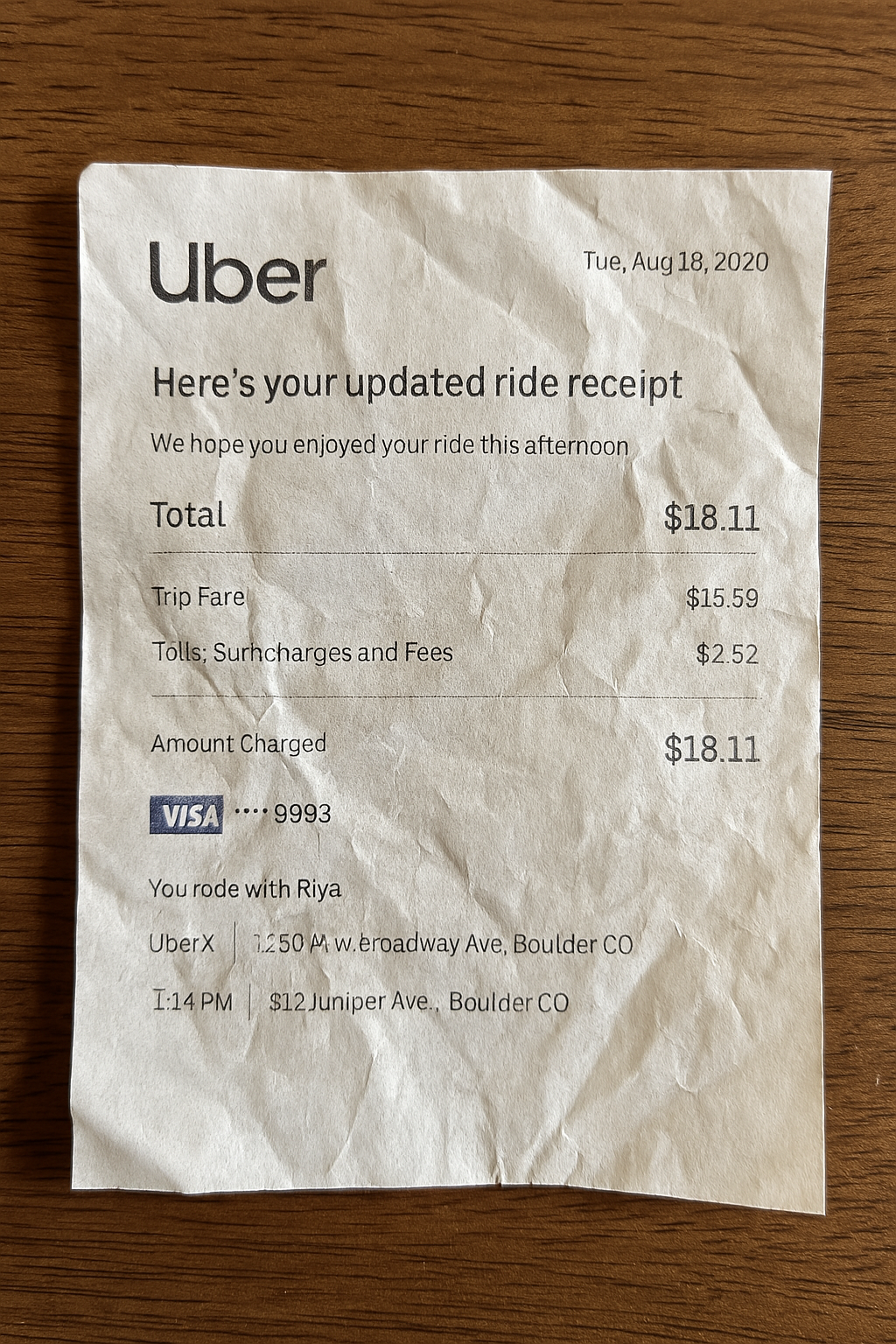 Uber Rideshare Receipt